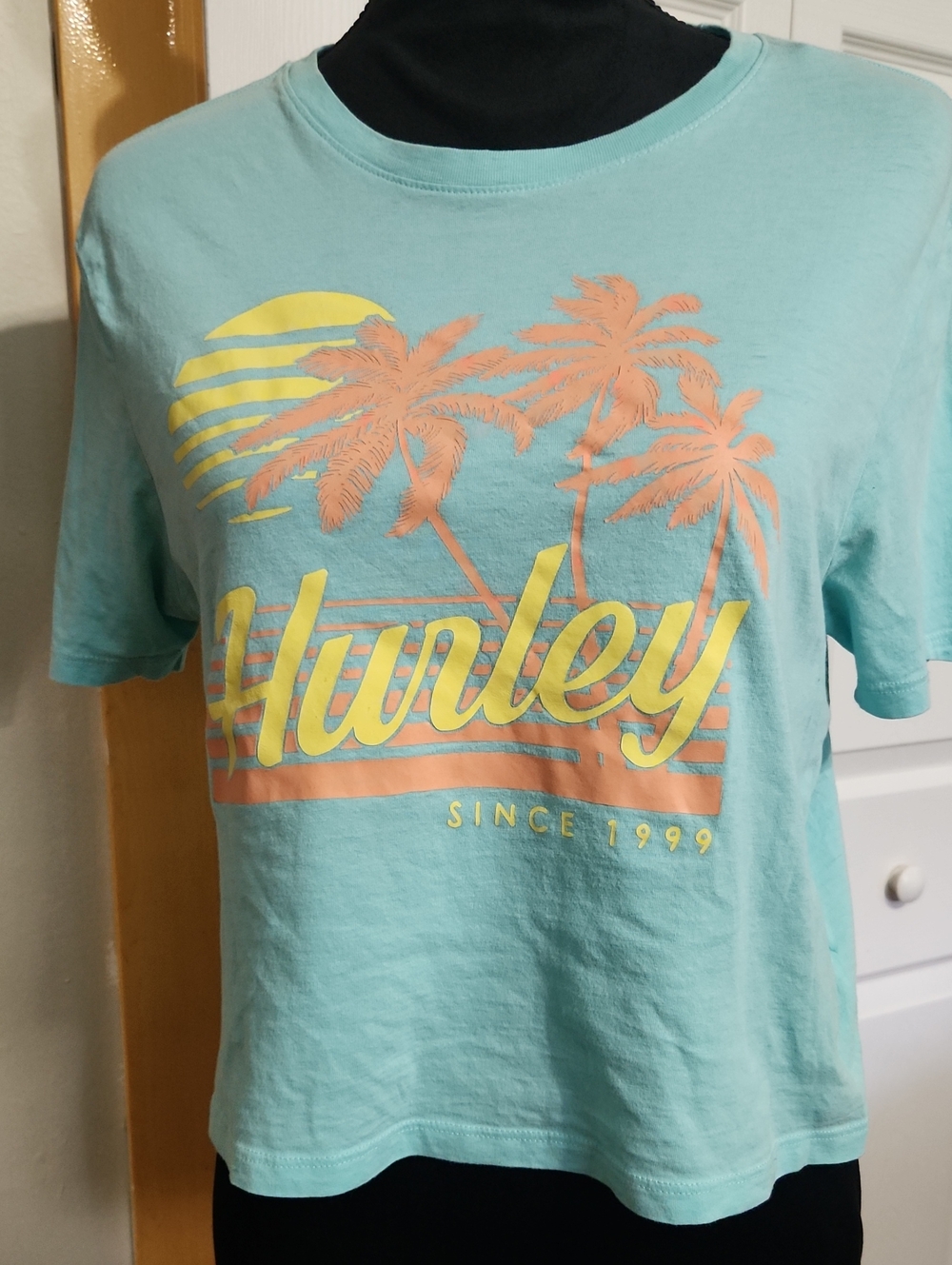 Hurley Mint Crop Top with Yellow and Coral Palm Graphic